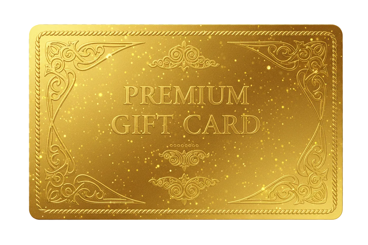 Creami un'immagine di una gift card oro luccicante di ultra premmum quality con dettaglini in rilievo e con solo la scritta PREMIUM GIFT CARD, CON VISTA FRONTALE E SENZA SFONDO