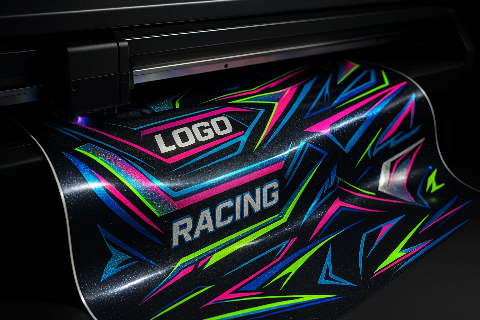 creami l'immagine di una stampa con colori ultra brillanti di un kit grafico per moto, dove i colori vengono messi in risalto da effetti shine/luccicchii, la stampa deve uscire da un plotter con un effetto ondulatorio ed il tutto deve essere per clienti che abbiano la percezione di un prodotto premium quality, fammi il tutto in ultraquality