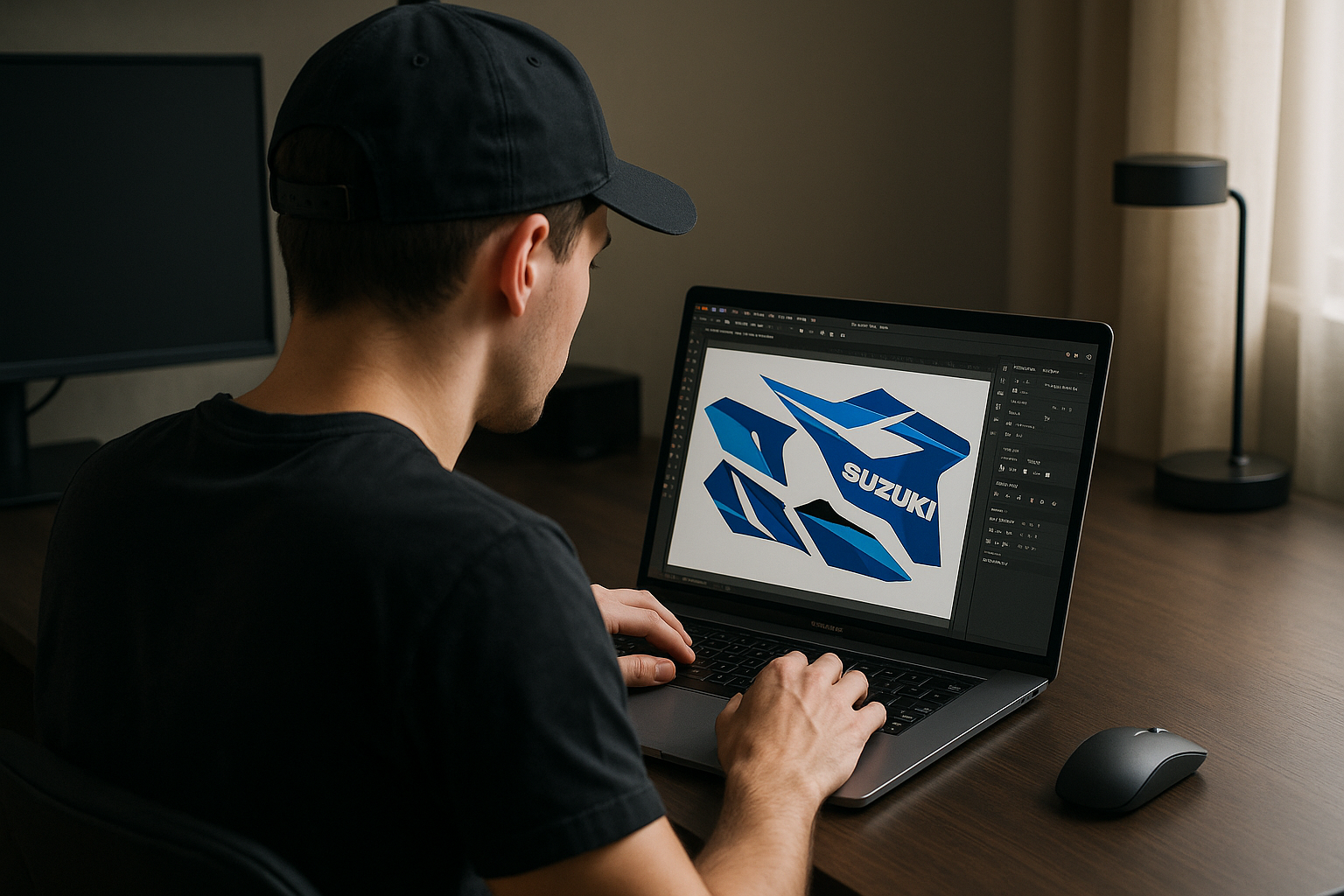 generami l'immagine di un ragazzo di spalle con cappellini nero al proprio laptop che sta lavorando su adobe illustrator 2020 ad un nuovo kit grafiche per suzuki, dove si intraede pochissimo schermo e quello che si vede è un kit grafico basato sul blu, diamo sempre percezione ad un cliente che vuole premium quality e fammi la foto ultrareliastica